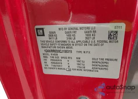 2012 GMC Acadia Slt-1 z USA, uszkodzony, nr VIN 1GKKRRED0CJ106319